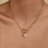 Necklace with a lobster clasp and pendant, with initials and a birthstone
